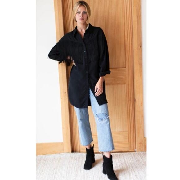 Emerson Fry Fringe Shirtdress In Black Tencel Button Front Pockets Size Small - Picture 5 of 15
